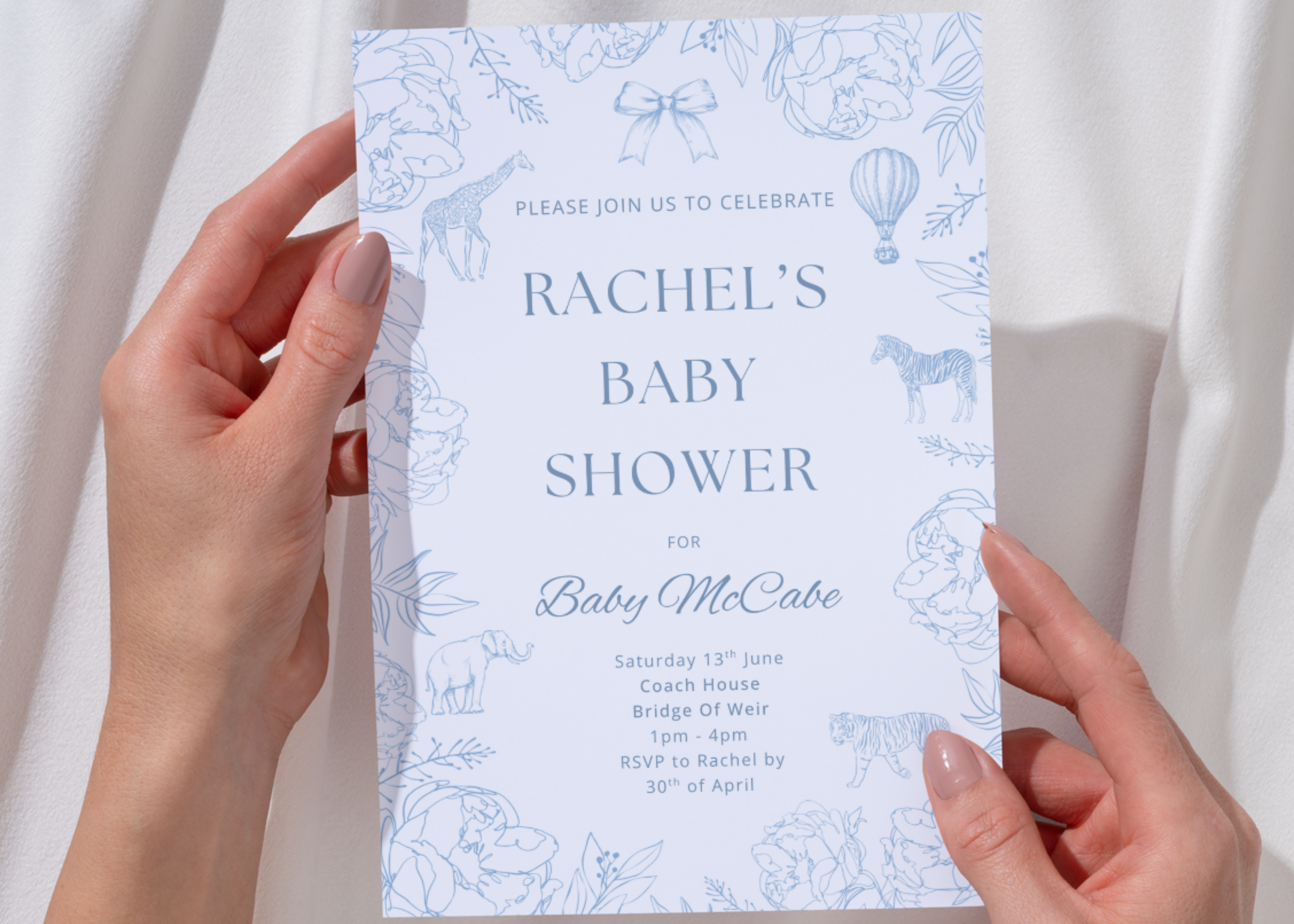 Blue Animal Bow Invite, Perfect for Boy Baby Showers, Christening and Birthdays